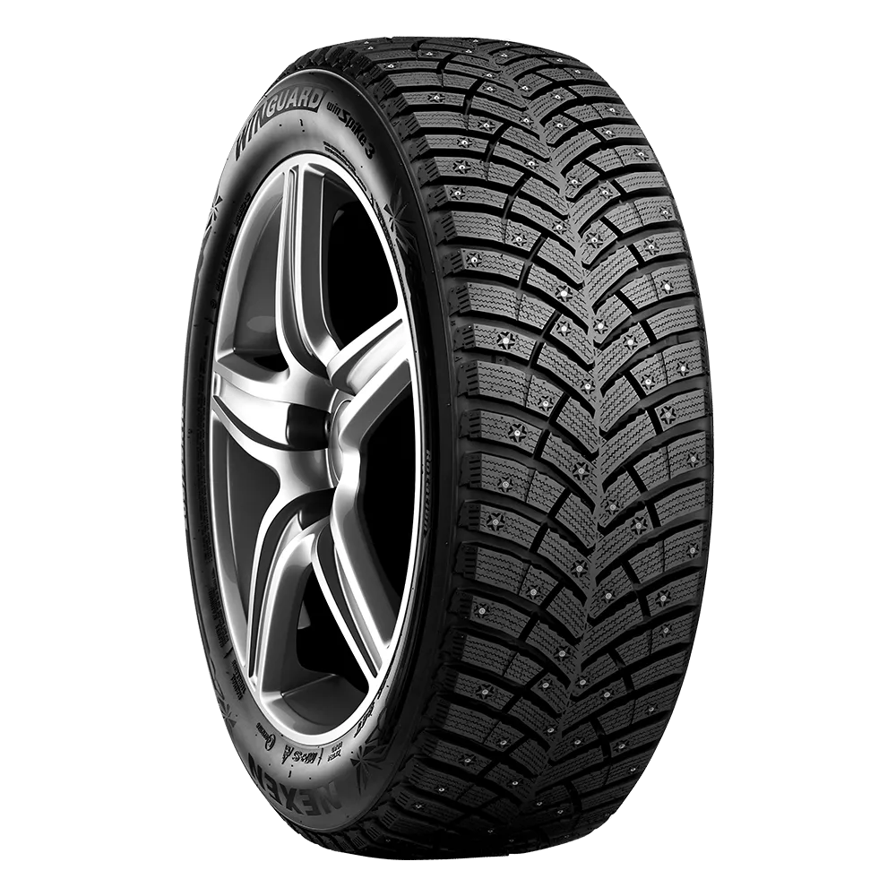 A left side Nexen Winguard Winspike 3 tire with studs. 