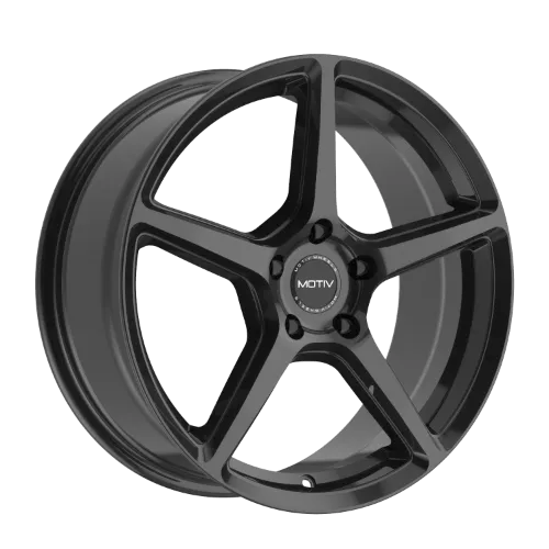 A black alloy wheel with a five-spoke design and a central hub displaying the brand name 'MOTIV'.