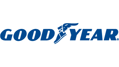 Logo of Goodyear featuring the name in blue with a winged foot design.