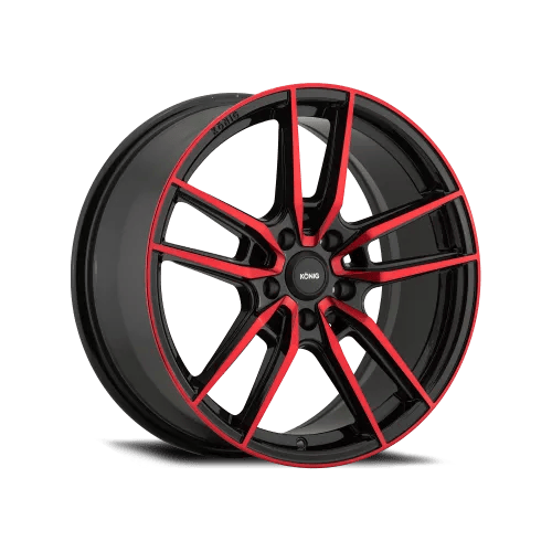 A stylish black alloy wheel with red accents and a multi-spoke design by Konig.