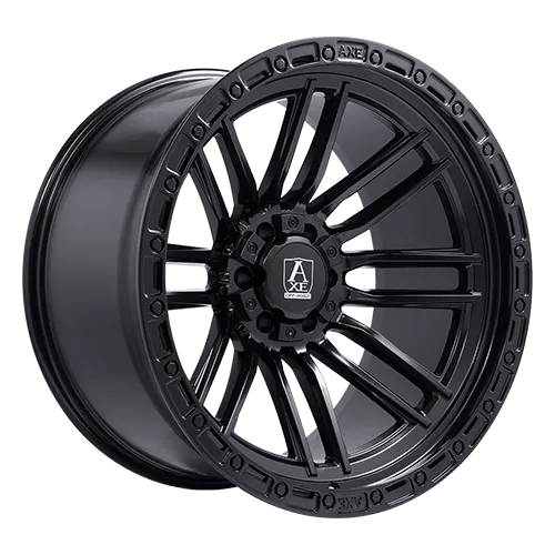 Black alloy wheel by Axe Wheel with a multi-spoke design and a prominent center cap.