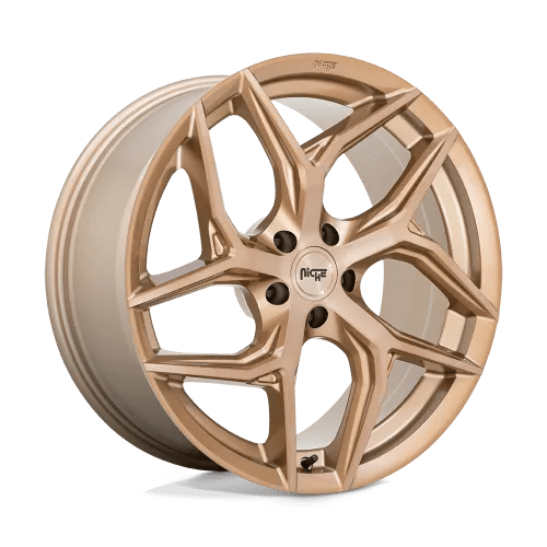 Bronze alloy car wheel with a complex, multi-spoke star design and the brand name "Niche" in the center hub.