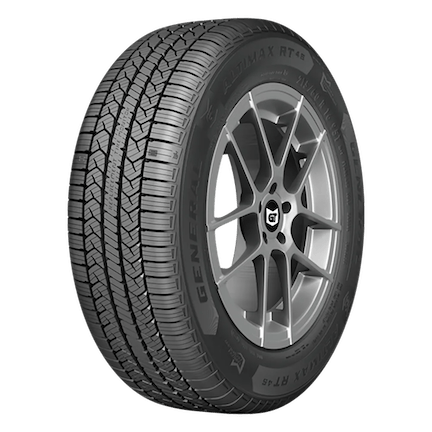 A close-up of a General Altimax tire with a detailed tread pattern and a metallic alloy wheel.