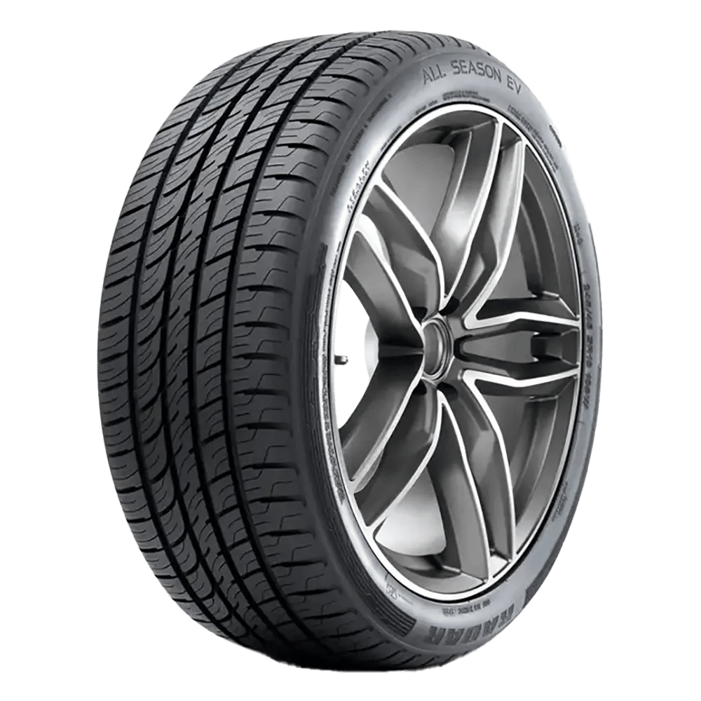 right front view of a radar all season ev tire mounted on a five double-spoke alloy wheel for electric vehicles.