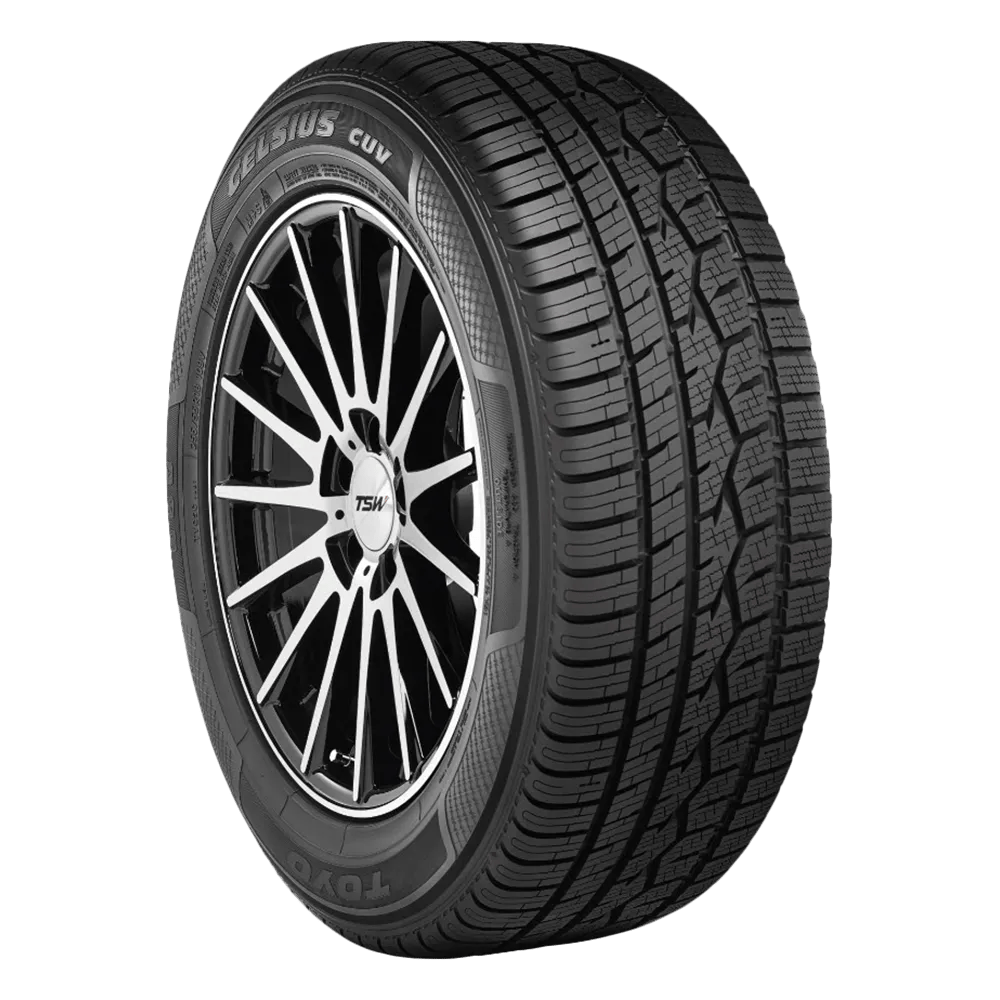 A Toyo Celsius tire with an asymmetrical treadpattern.