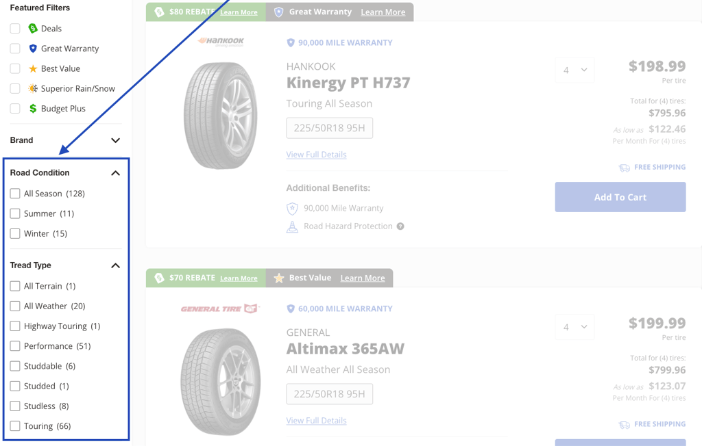 A screenshot of Tire Agent's online tire store with an arrow pointing to filters for road condition and tread type.