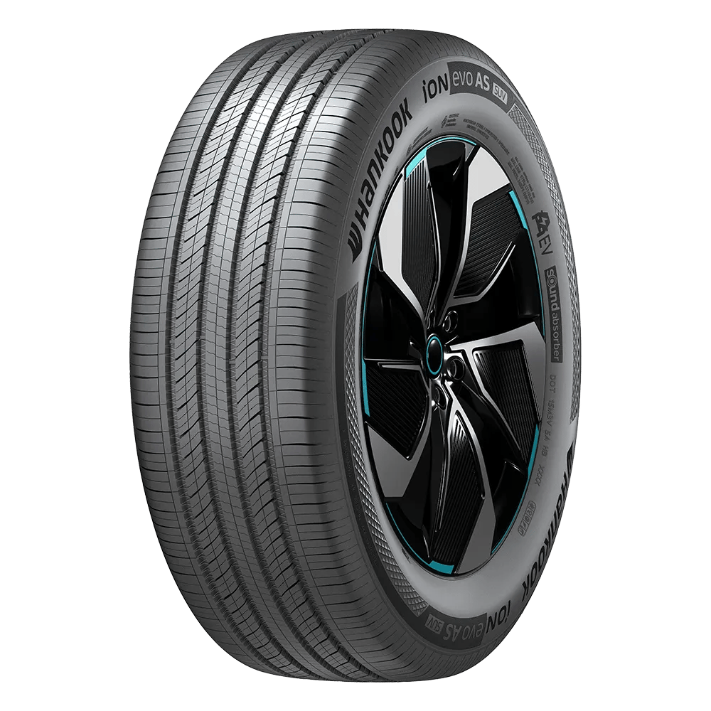 Hankook iON evo AS tire with visible tread pattern and sleek design, including turquoise accents and embossed branding.