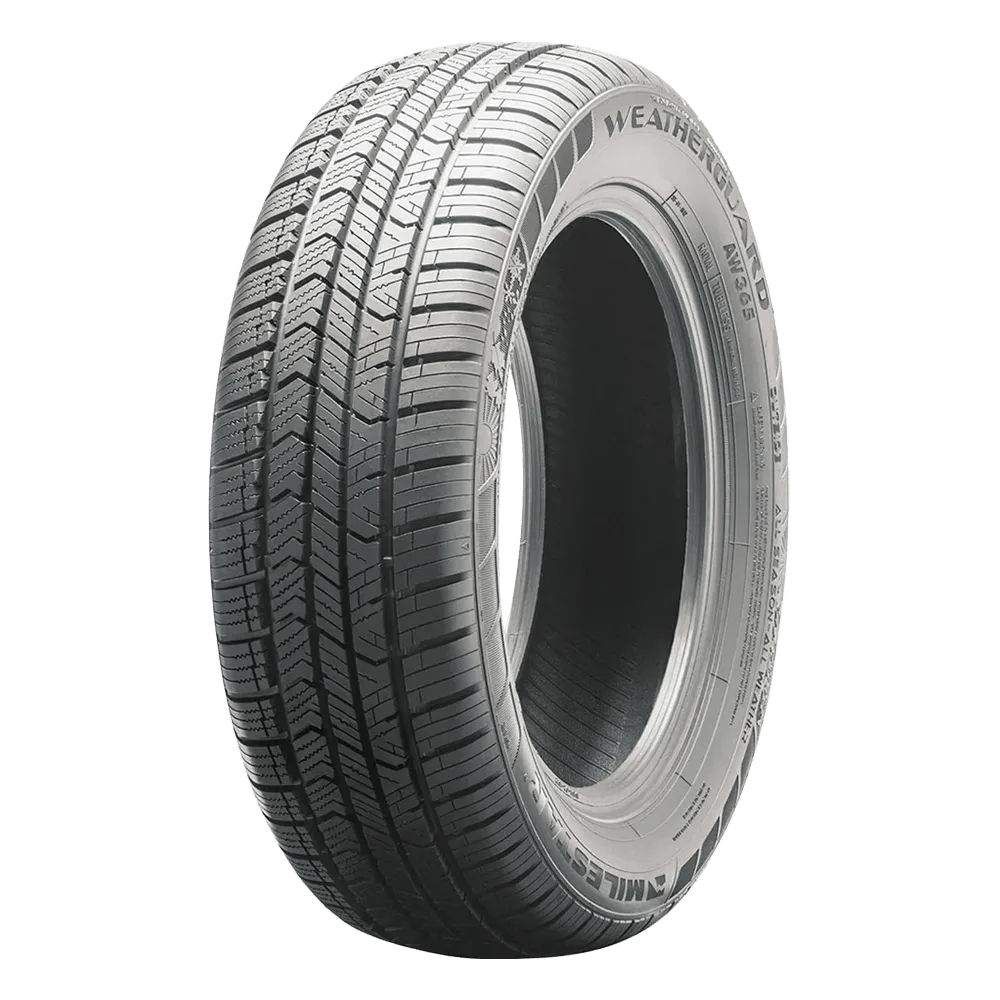 A front-side view of a Milestar Weatherguard tire not mounted on a wheel. 