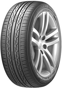 A silver car wheel with a black tire featuring a tread pattern by Hankook Ventus V2 for Honda Accord. 