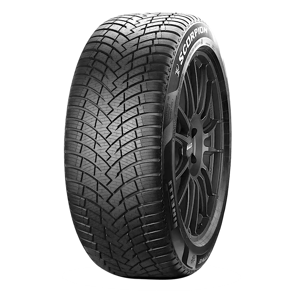 Close-up of a black car tire with the brand name 'Scorpion' visible on the sidewall and a detailed tread pattern.