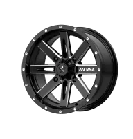 A black alloy wheel with a star-shaped center and multiple bolt details around the rim, featuring the brand name 'HTTNSA' written on one of the spokes.