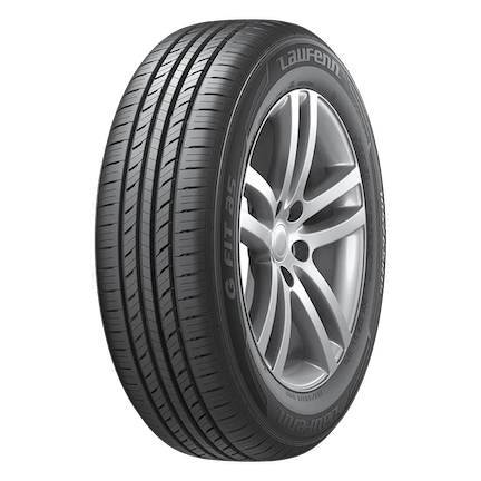 A Laufenn tire with a detailed tread pattern and alloy wheel rim, labeled G Fit AS, for automobile use.