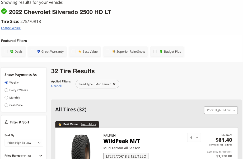 In this example, we found 32 tires for a 2022 Chevy Silverado 2500HD by setting the Tread Type filter to Mud Terrain.