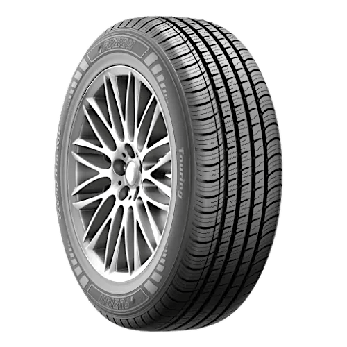 A detailed image of a Fuzion touring tire with symmetrical tread patterns and a silver alloy wheel rim, isolated on a white background.