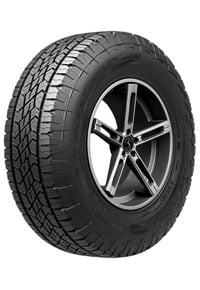 A black car tire with an alloy wheel and a tread pattern designed for all-terrain use.