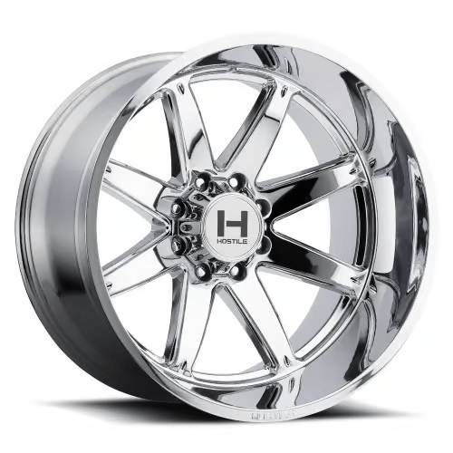 A shiny chrome alloy wheel with a multi-spoke design and a Hostile logo in the center hub.
