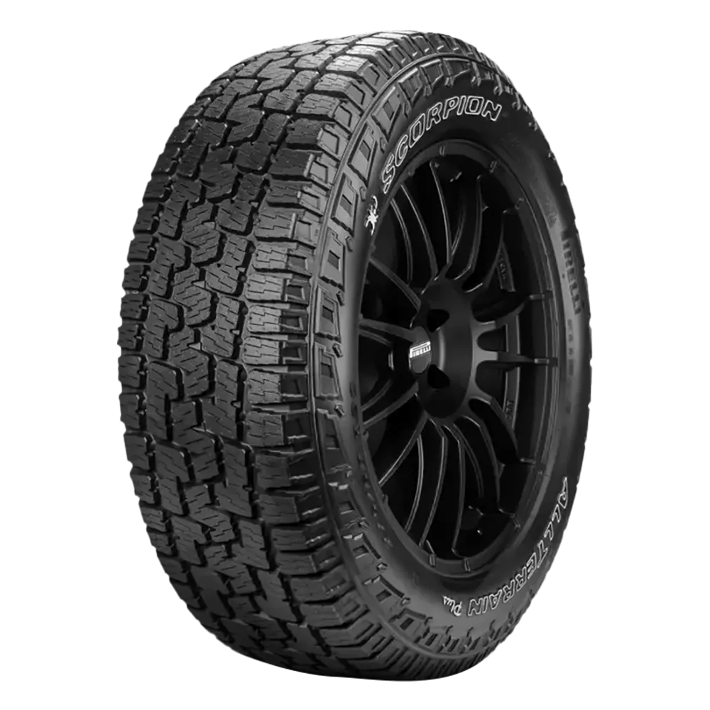 A black all-terrain tire with a rugged tread pattern and the word "Scorpion" printed on the sidewall.