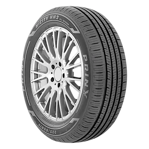 A Prinx HiCity HH2 all-season tire with visible tread patterns and size specification 225/60R17, mounted on a silver alloy wheel.