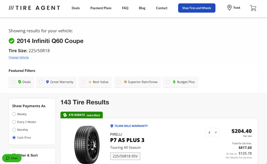 A screenshot of 143 tire options for a 2014 Infiniti 2014 Q60 Coupe