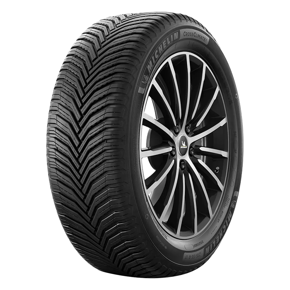 michelin cross climate two tire with a symmetrical directional tread pattern mounted on an aluminum alloy wheel with the michelin logo