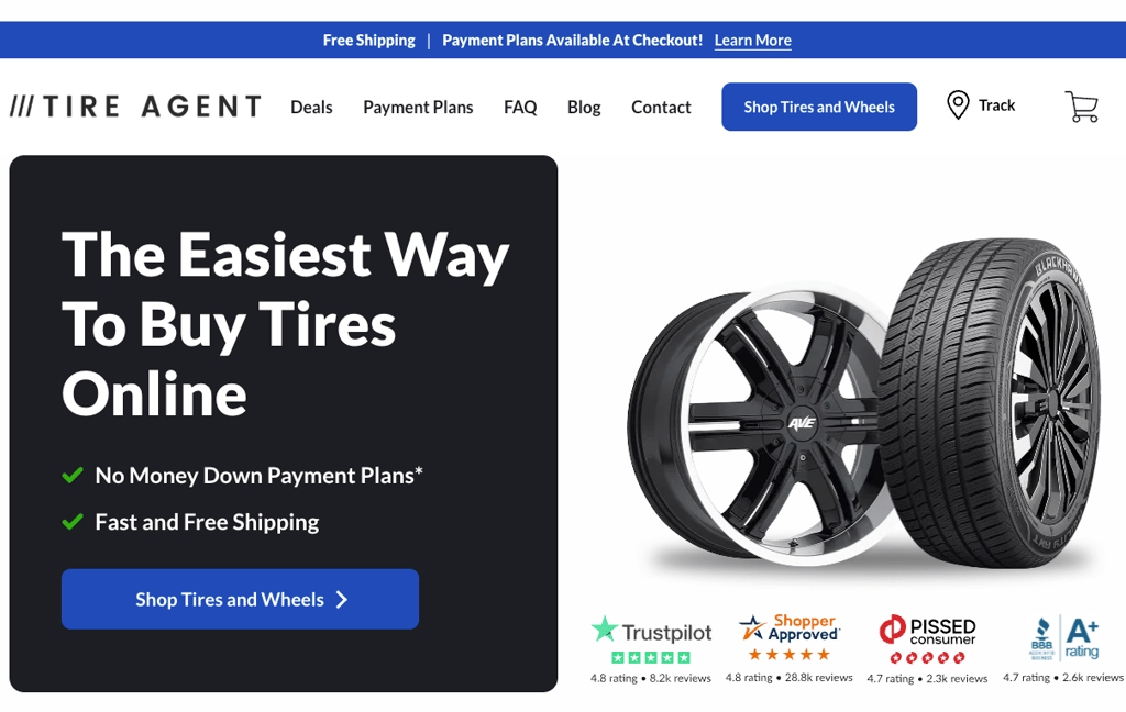 A screenshot showing the Tire Agent home page with the blue Shop Tires and Wheels button in the upper right.
