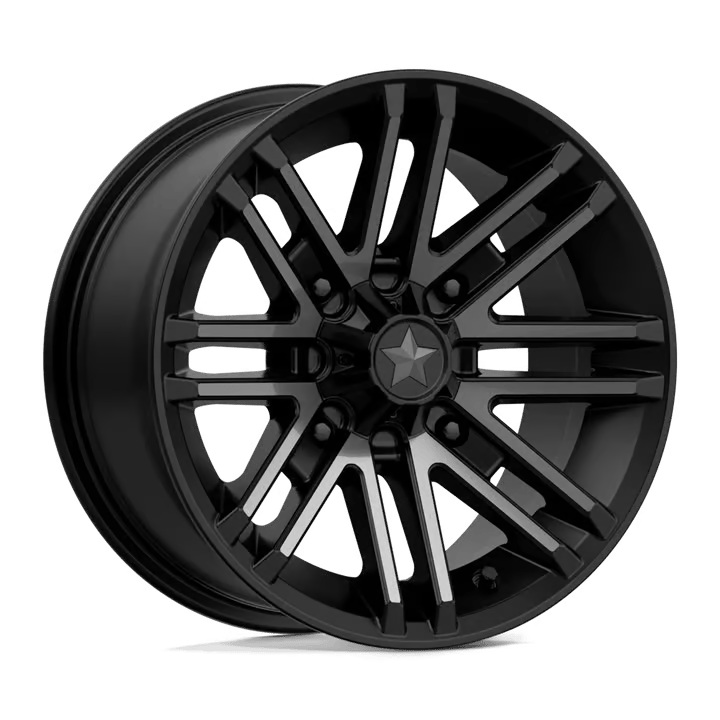Black alloy car wheel rim with a star design in the center and multiple spokes.