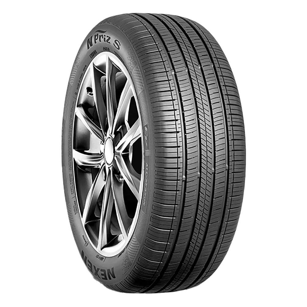 A Nexen N Priz S touring tire mounted on a shiny chrome rim for an example of mazda 3 hatchback tires 