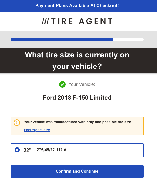 A screenshot example of the Tire Agent shop showing a confirmation message for a Ford F-150 2018 Limited and 22 inch tire sizes.