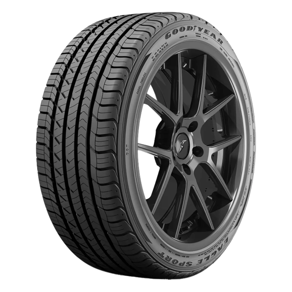 A gooyear eagle sport tire mounted on a black matte finish wheel for a post about suv performance tires