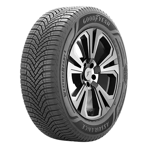 Goodyear Assurance WeatherReady tire with alloy wheel and tread pattern.