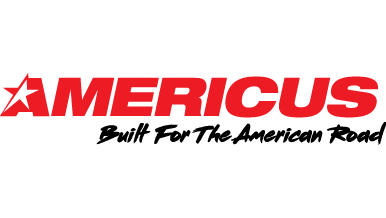 Logo with the word "Americus" in bold red letters featuring a star, and the phrase "Built For The American Road" below in black script.
