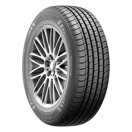 Image of a Fuzion Touring tire with a detailed tread pattern and alloy wheel, featuring branding on the sidewall.