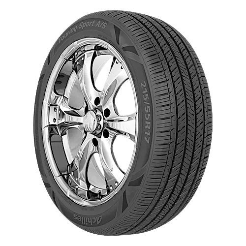 Achilles Touring Sports AS tire with a chrome rim, showcasing the tread pattern and sidewall markings for Mini Cooper Replacement tires.