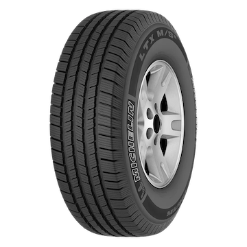 A Michelin LTX M/S tire with a visible tread pattern and sidewall branding, mounted on a silver alloy wheel.