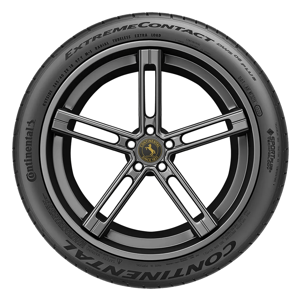 Image of a Continental ExtremeContact DWS 06 Plus tire with a black alloy wheel, featuring the Continental logo in the center of the hub.