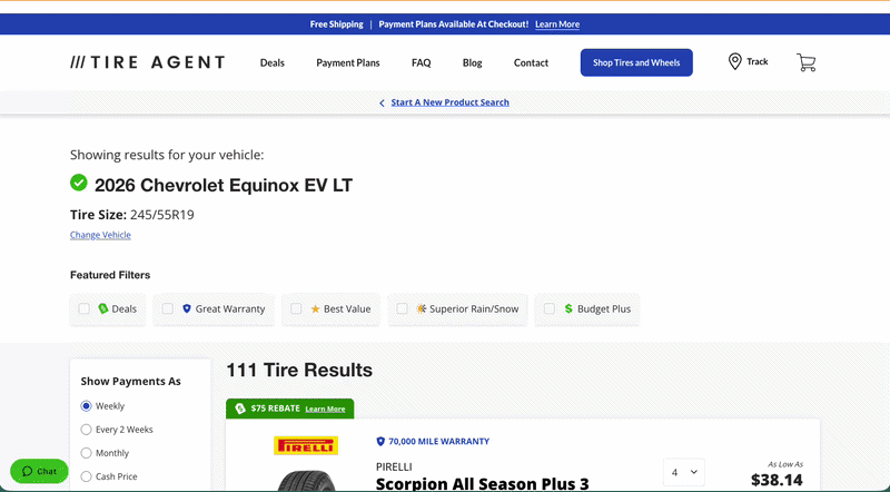 Animated GIF shows how to use Tire Agent to find tires that are load index rated for EVs