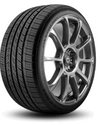 A car tire with a high-performance tread pattern and an alloy wheel rim.