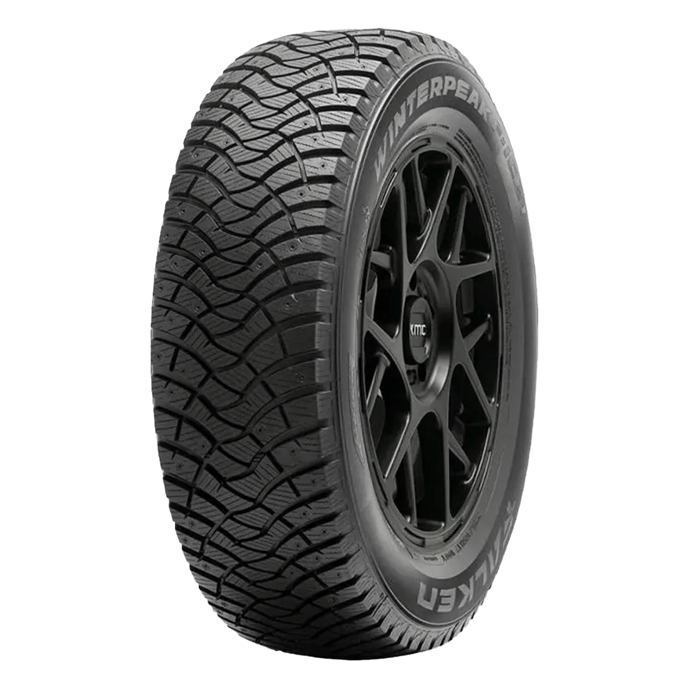 A Falken winter peak f ice 1 tire mounted on a KMC rim for a mazda 3 winter tire example