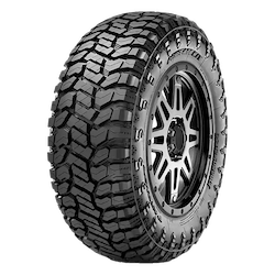 A rugged off-road Radar Renegade tire with deep, aggressive tread patterns mounted on a metal rim, designed for enhanced grip and durability on rough terrains.