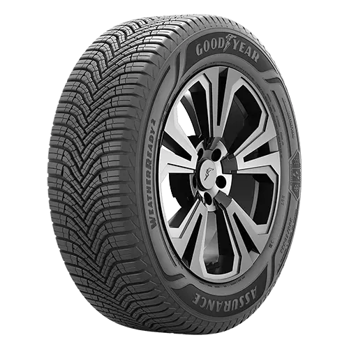 Goodyear Assurance WeatherReady tire with a detailed tread pattern and branded sidewall.
