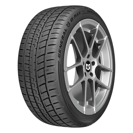 A black General G-MAX tire with a silver, multi-spoke alloy wheel.
