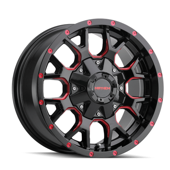 Black alloy wheel by Mayhem with red accents and a multi-spoke design.