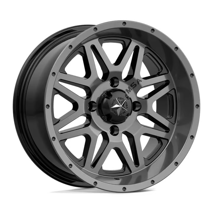 A metallic MSA wheel rim featuring a multi-spoke design with a star emblem in the center, set against a white background.
