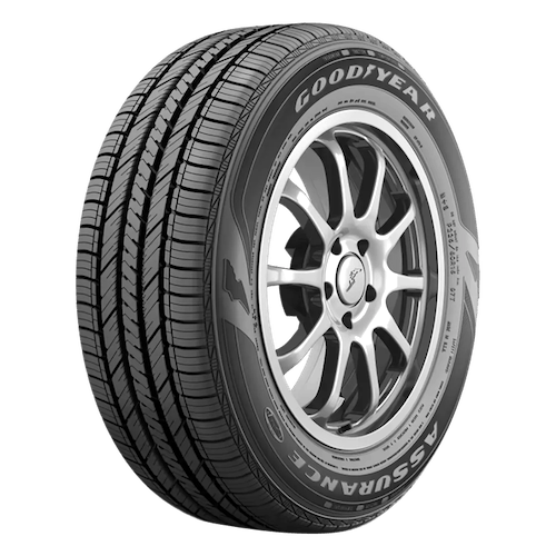 A Goodyear Assurance TripleTred All-Season tire showing its detailed tread pattern and sidewall design.