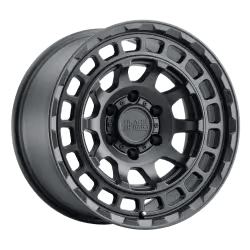 A black alloy car wheel with a rugged, multi-spoke design and a raised center hub.