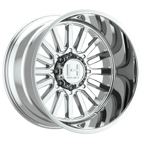 Chrome alloy wheel with a multi-spoke design featuring a "H" logo in the center, representing Hostile Wheels.