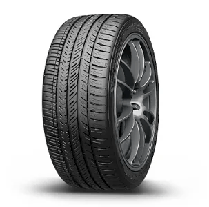 A black car tire with visible tread pattern and alloy wheel.