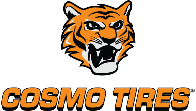 Tiger head logo above the text "Cosmo Tires" in bold orange letters.