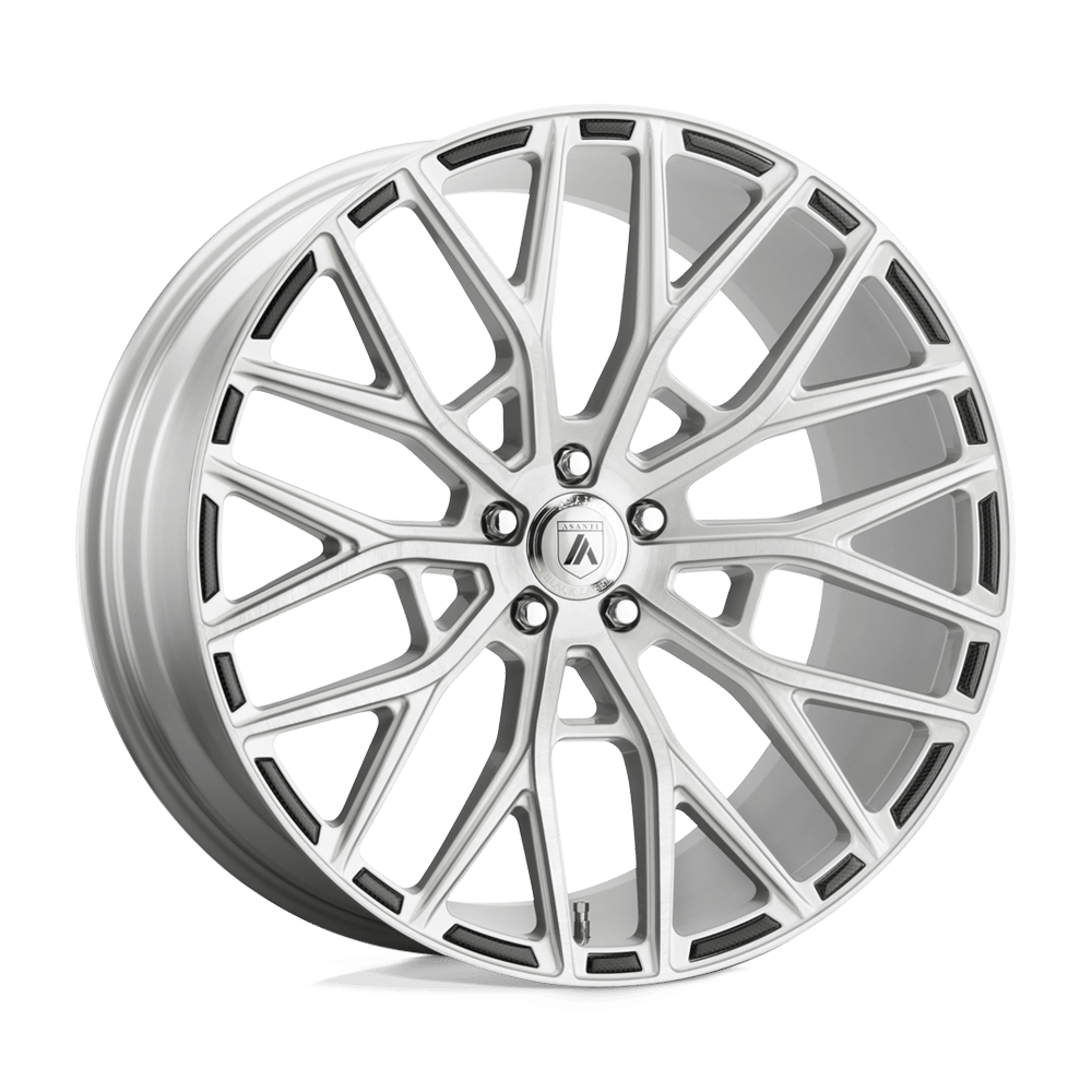 A silver alloy BMW wheel with a multi-spoke design and a central cap featuring the Asanti logo.