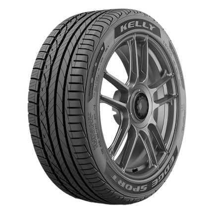 A Kelly Edge Sport tire with detailed tread pattern and branded sidewall, mounted on a stylish metallic alloy wheel.
